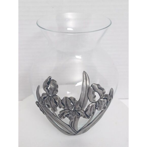 Seagull IRIS 1992 Nova Scotia Canada Vintage Pewter Overlay Clear Art Glass Vase - Picture 7 of 16